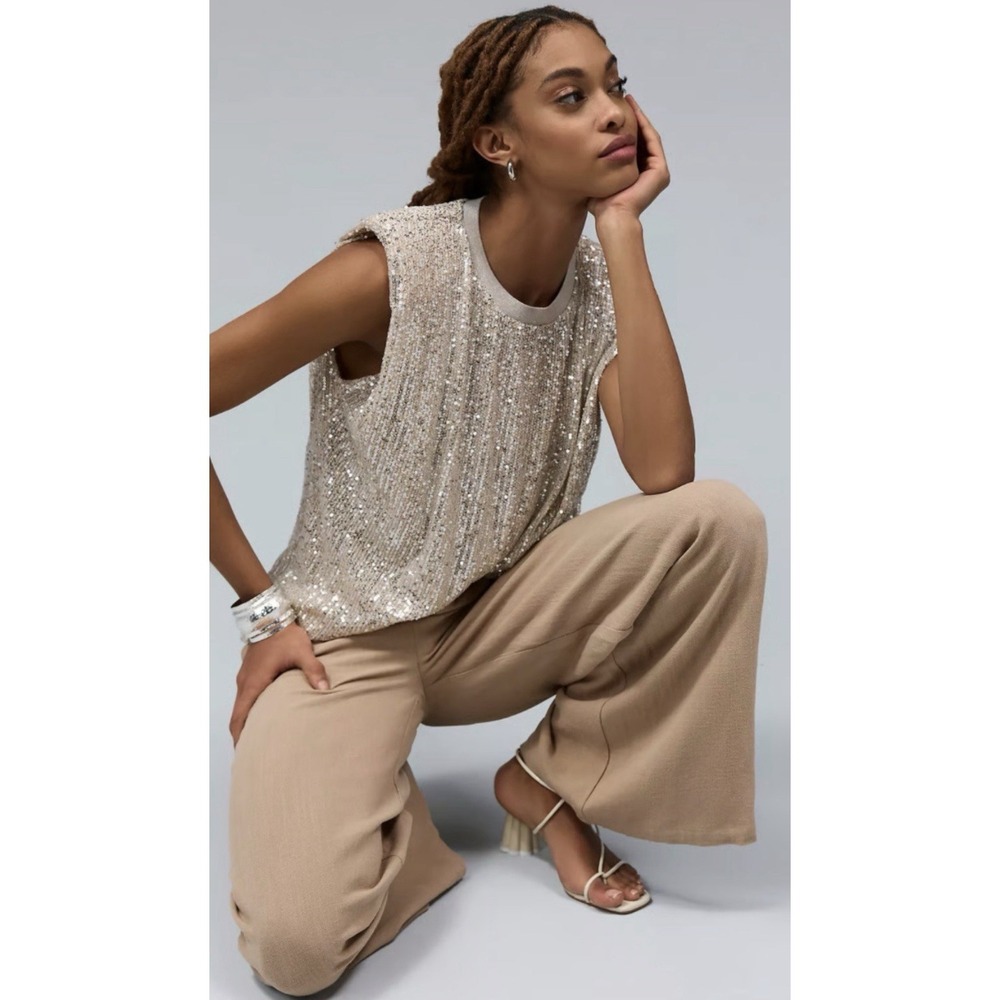Anthropologie Endless Rose Sequin Sleeve Top‎ Women's Small Glam Party Statement